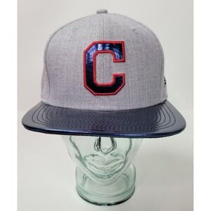 New Era 9Fifty Cleveland Indians‎ Block C Gray Snapback Hat w. Blue Shiny Brim